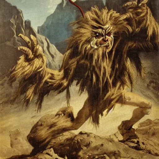 Prompt: krampus hay monster in the dolomites by theodore gericault, painting, canvas