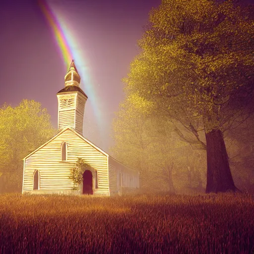 Image similar to old white church chapel with a steeple in an old green meadow and gold sparkles floating around in the air and sky, swirling clouds, swirling glowing gold dust, lush forest, idyllic landscape, sparkles, rainbow across the sky, ethereal, atmospheric, iridescent, volumetric, unreal engine, ray - tracing, film still, artstation, 8 k