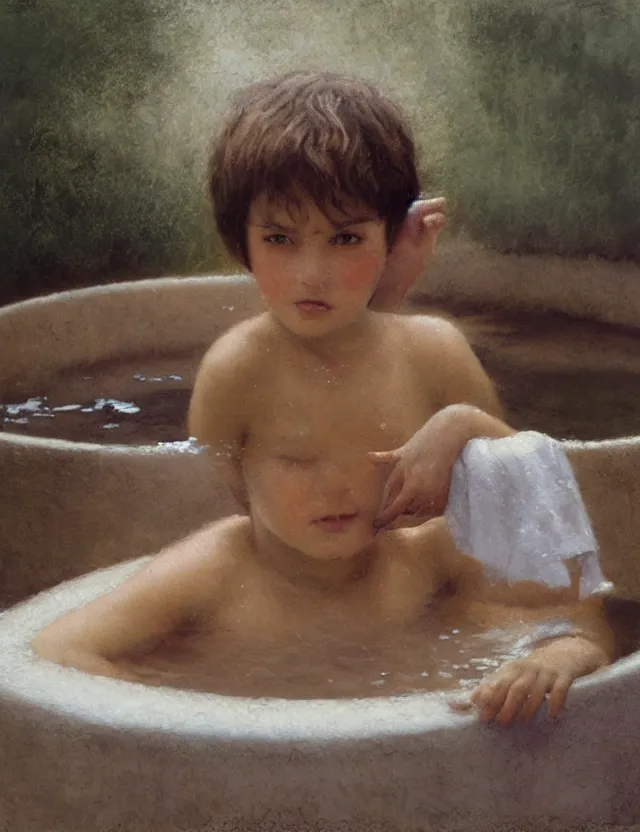 Image similar to peasant kid having bath in a basin, splashes of water, cottage core, cinematic focus, polaroid photo bleached vintage pastel colors high - key lighting, soft lights, foggy, by steve hanks, by lisa yuskavage, by serov valentin, by tarkovsky, detailed, oil on canvas