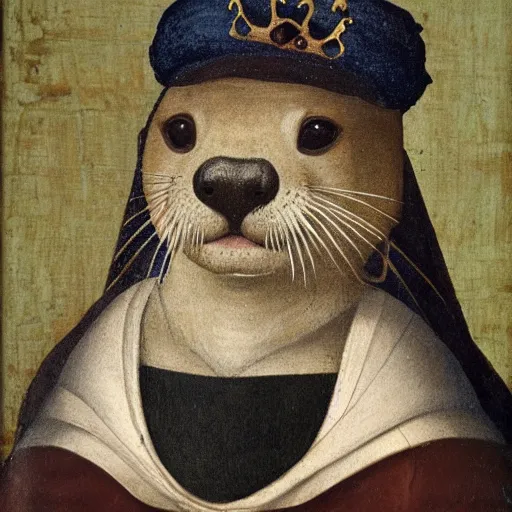 Prompt: a renaissance style portrait painting of a otter, wearing a crown and cape, dark background