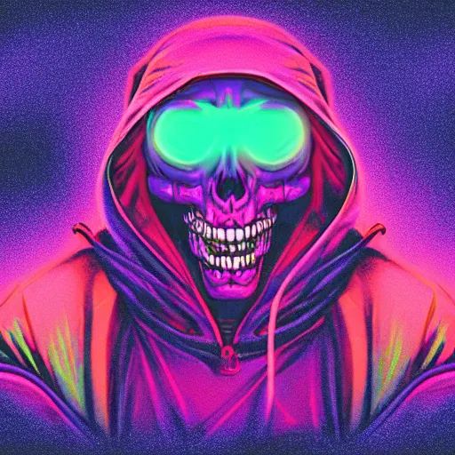 Image similar to swatcat skeletor in hoodie, portrait, vaporwave, synthwave, neon, vector graphics, cinematic, volumetric lighting, f 8 aperture, cinematic eastman 5 3 8 4 film, photorealistic