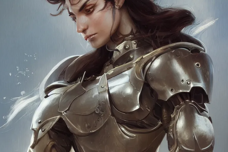 Image similar to a finely detailed portrait of an attractive young woman, clothed in battle armor, olive skin, long dark hair, beautiful bone structure, symmetrical facial features, intricate, elegant, digital painting, trending on Artstation, concept art, smooth, sharp focus, illustration, from Metal Gear by Ruan Jia and Mandy Jurgens and Artgerm and and william-adolphe bouguerea, award winning