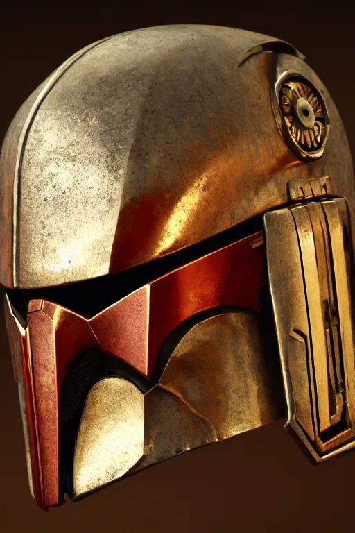 Prompt: an artistic and realistic 8k sculpture of a Mandalorian helmet, bright psychedelic color, dramatic lighting, silver gold red details, filigree, intricate details, cinematic, elegant, micro detail, octane render, filmic, interesting camera angle, nicely centered in frame, 8k post-processing, intricate art by John Collier and Alphonse Mucha and Greg Rutkowski