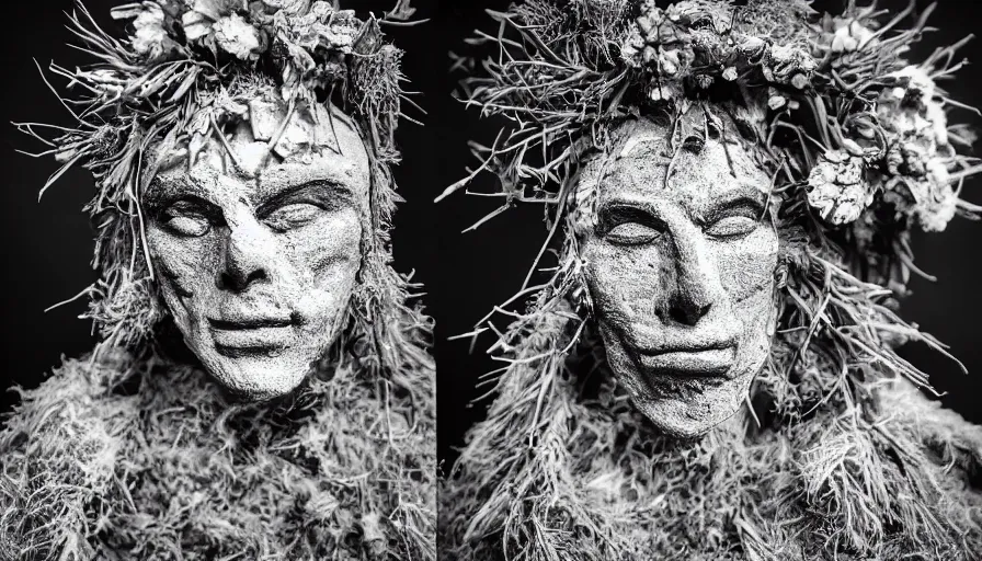 Image similar to portrait of a tyrolean folklore mask, dolomite, forest, wearing hay coat, with horns, eerie, flowers growing out of his body, detailed intricate insanely detailed octane render, 8k artistic 1920s photography, black and white, grainy, photorealistic, chiaroscuro, by David Cronenberg, Raphael, Caravaggio