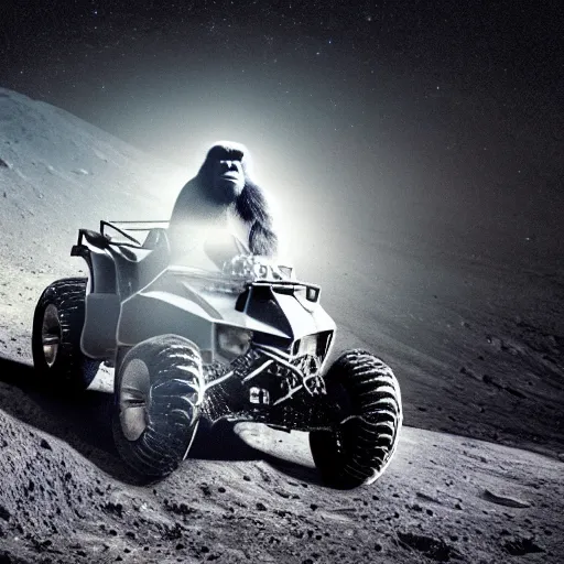 Prompt: photo of gorilla riding an atv on the moon