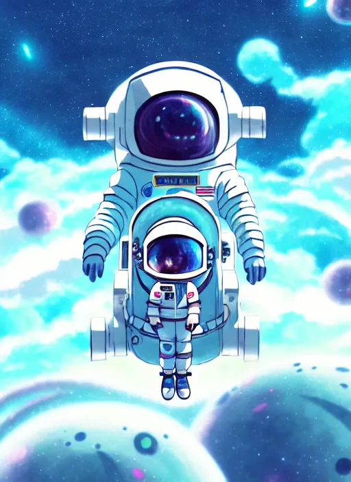 Image similar to a still of a cute kawaii astronaut android riding a large neon kaiju dragon, nebulous background of dynamic space, a dramatic composition by wlop and greg rutkowski and makoto shinkai and studio ghibli and kyoto animation cute bubbly clothing, highly detailed, digital painting, matte