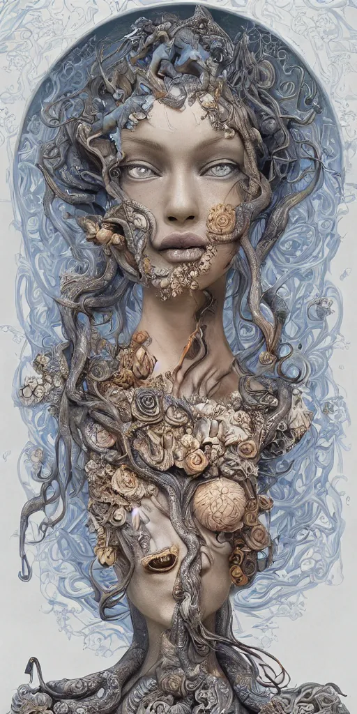 Image similar to a sculpture of mythical creatures by hannah yata, elegant and beautiful female face with her third eye open, carved in stone, intricate, elegant, highly detailed, digital painting by audrey kawasaki, artstation, concept art, ambient occlusion, vray render,