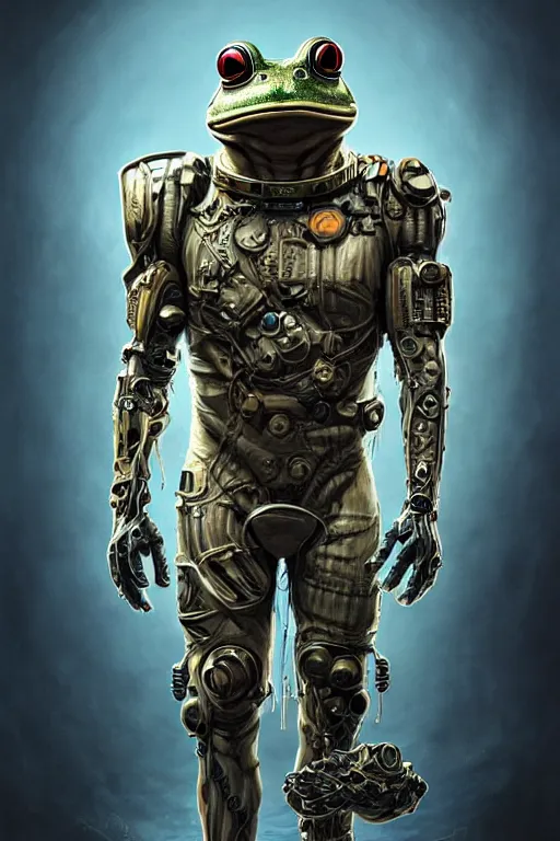 Image similar to a portrait of a muscular anthropomorphic cyberpunk frog in spacesuit armor with ensignia on chest plate by sandra chevrier, by jon foster, detailed render, post - processing, extremely hyperdetailed, intricate, epic composition, cybernetics, 4 k realistic, cryengine, realistic shaded lighting, sharp focus, masterpiece, by enki bilal