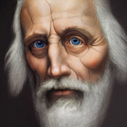 Image similar to A hyper realistic portrait of a man in his 40s, grey hair reaching to the shoulders, beard, blue eyes, scarred face, by michelangelo