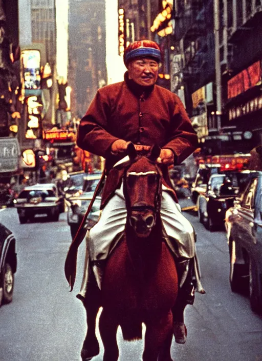 Prompt: a 35mm photograph of Genghis Khan riding a horse down a New York city street in the 1960's, bokeh, Canon 50mm, cinematic lighting, photography, retro, film, Kodachrome