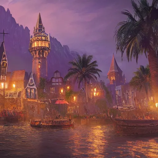 Image similar to a seaside magical village with witches and knights and a grand university of magic and science visible in the distance, inspired by victorian england and amsterdam, palm trees, highly detailed, intricate, digital painting, trending on artstation, concept art, matte painting, art by greg rutkwowski, craig mullins, octane render, 8 k, unreal engine