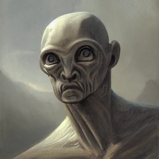 Image similar to male gray alien portrait, extraterrestrial by andreas achenbach