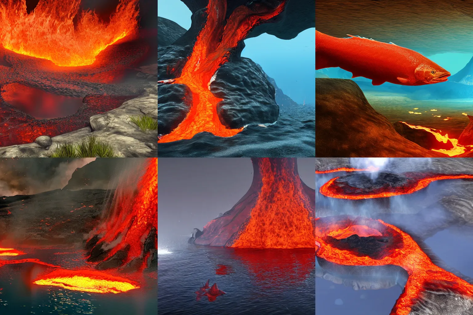 Prompt: school of fish swimming in flowing lava. lava lake. volcano. fire. trout and bass. 4 k video game concept art. unreal engine.