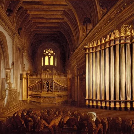Image similar to pipe organ intricately carved from dark smoke, high detail baroque oil painting, golden ratio, volumetric light, godrays, alan lee, caravaggio, michelangelo