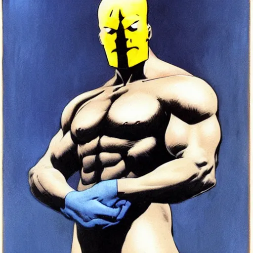 Image similar to painting by Frank Frazetta of Christian Bale as Dr. Manhattan in Watchmen