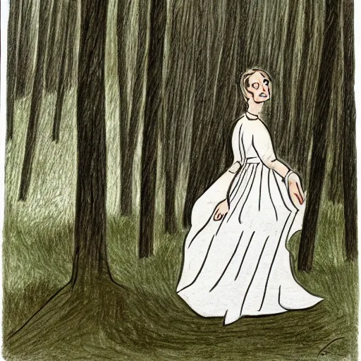 Image similar to a drawing of a woman in a white dress in a forest