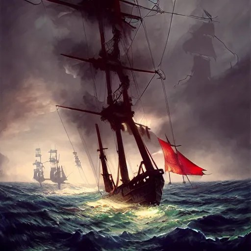 Prompt: a pirate with two peglegs and two hook hands steering a wooden galleon through a rain and lightning storm. view from on deck, sails and masts and rigging, first person deckhand pov, detailed dynamic light painting by peter mohrbacher