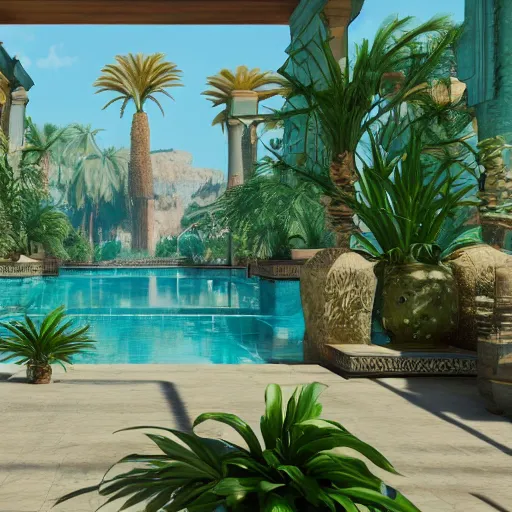 Image similar to a pool in a ancient egyptian interior full of plants and palms, 3d render,unreal engine