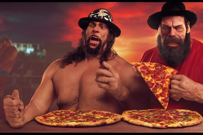 Prompt: andre the giant and macho man randy savage, mega powers, sharing a pizza, at muscle beach, mid 9 0 s, gritty, ethereal details, cinematic lighting, hyper - detailed, maximalist, artstation, 8 k