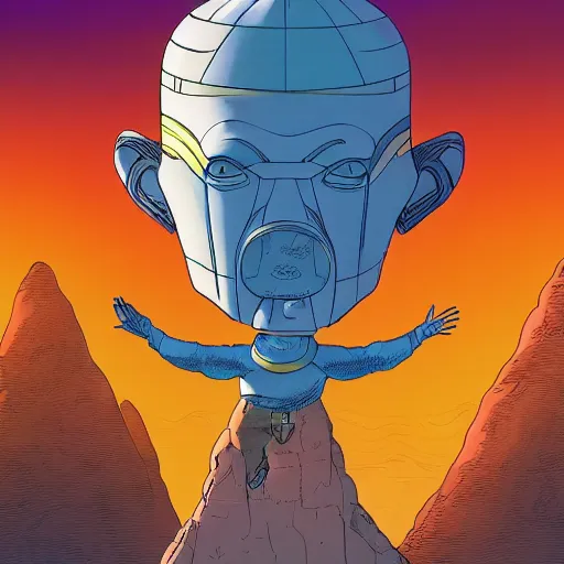 Prompt: a young mixed race explorer wearing a futuristic headpiece who is standing on top of a giant head of a statue in the style of max prentis and moebius and murton.arts, highly detailed, 8k wallpaper, adventure time colour palette