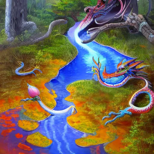 Image similar to highly detailed oil painting of a colorful hotspring with forest backdrop, focus is on a dragon, featured on artstation