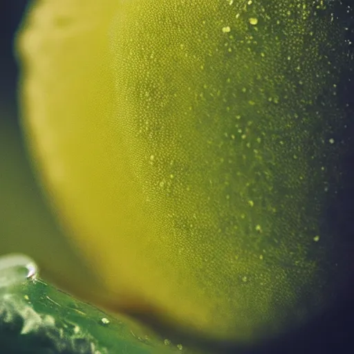 Image similar to close - up shot of a lemon covered in green goo, macro lens, depth of field, bokeh