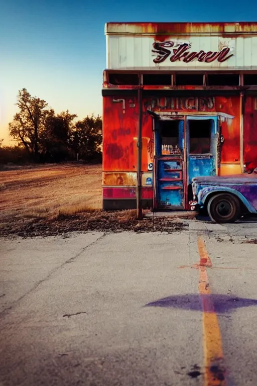 Image similar to a sunset light landscape with historical route 6 6, lots of sparkling details and sun ray ’ s, blinding backlight, smoke, volumetric lighting, colorful, octane, 3 5 mm, abandoned gas station, old rusty pickup - truck, beautiful epic colored reflections, very colorful heavenly, softlight