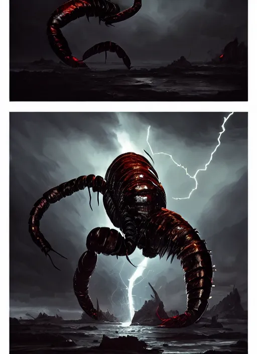 Image similar to Beautiful giant shiny black scorpion. Dramatic look. In style of Hyung-tae Kim, Greg Rutkowski and Larry Elmore, concept art, trending on ArtStation, over-detailed art, 8K, epic, dynamic lightning, scenery.