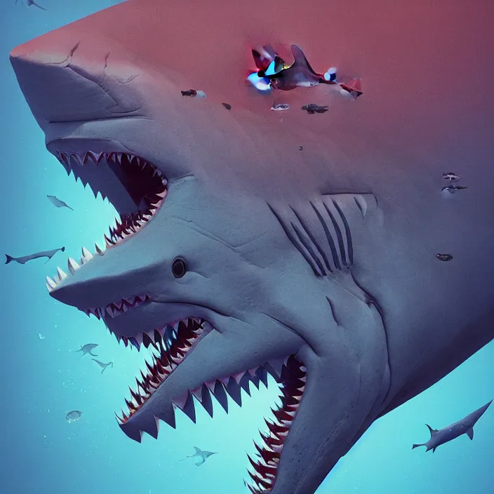 Prompt: shark with the head of joe biden intricate abstract. intricate artwork. by tooth wu, wlop, beeple, dan mumford. octane render, trending on artstation, greg rutkowski very coherent symmetrical artwork. cinematic, hyper realism, high detail, octane render, 8 k, iridescent accents