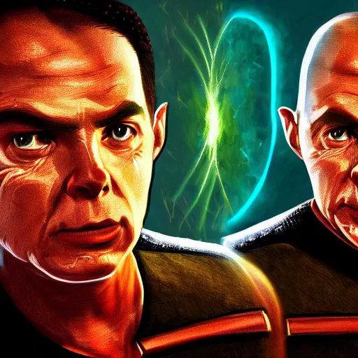 Prompt: a picture of tuvix from star trek fighting his doppleganger, star trek, intricate, highly detailed, digital painting, artstation, concept art, 4 k