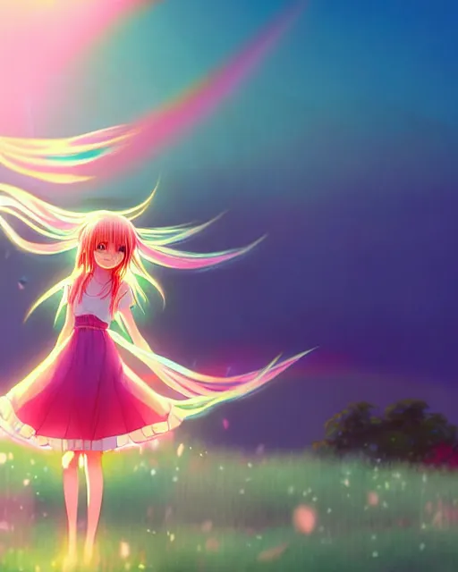 Image similar to anime style, vivid, colorful, full body, a cute girl with white skin and long pink wavy hair singing a song, heavenly, stunning, realistic light and shadow effects, happy, centered, landscape shot, happy, simple background, studio ghibly makoto shinkai yuji yamaguchi