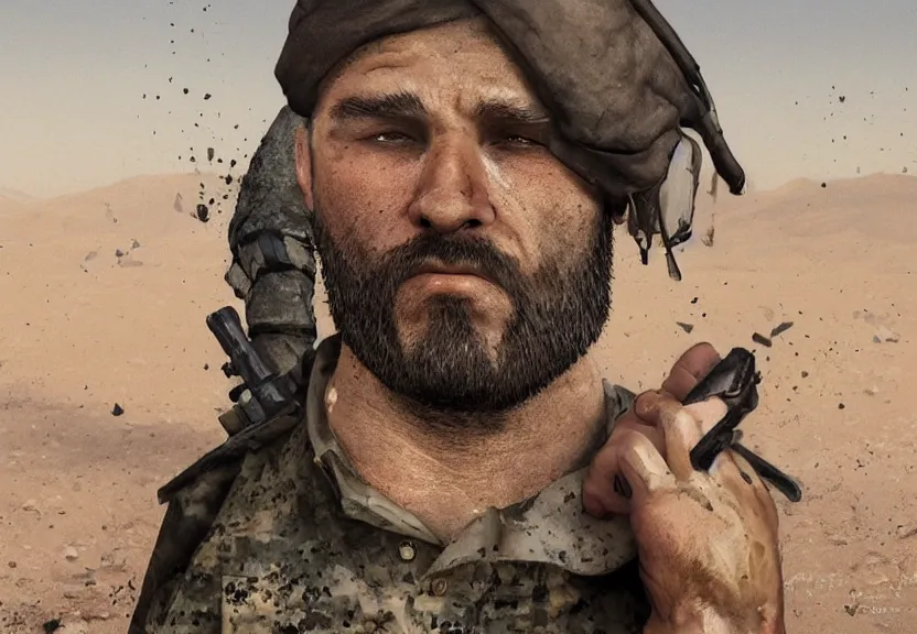 Image similar to portrait of muscular, tired and alcoholic 3 0 - year - ol 5 grieving man with short darkblonde hair, serious sad look in his eyes, looking down, dirty beard, blue eyes, crying tears, wearing dirty soldier uniform, on the desert, sad atmosphere, hyper realistic face, character art, art by mark brooks, cryengine, trending on artstation, digital art