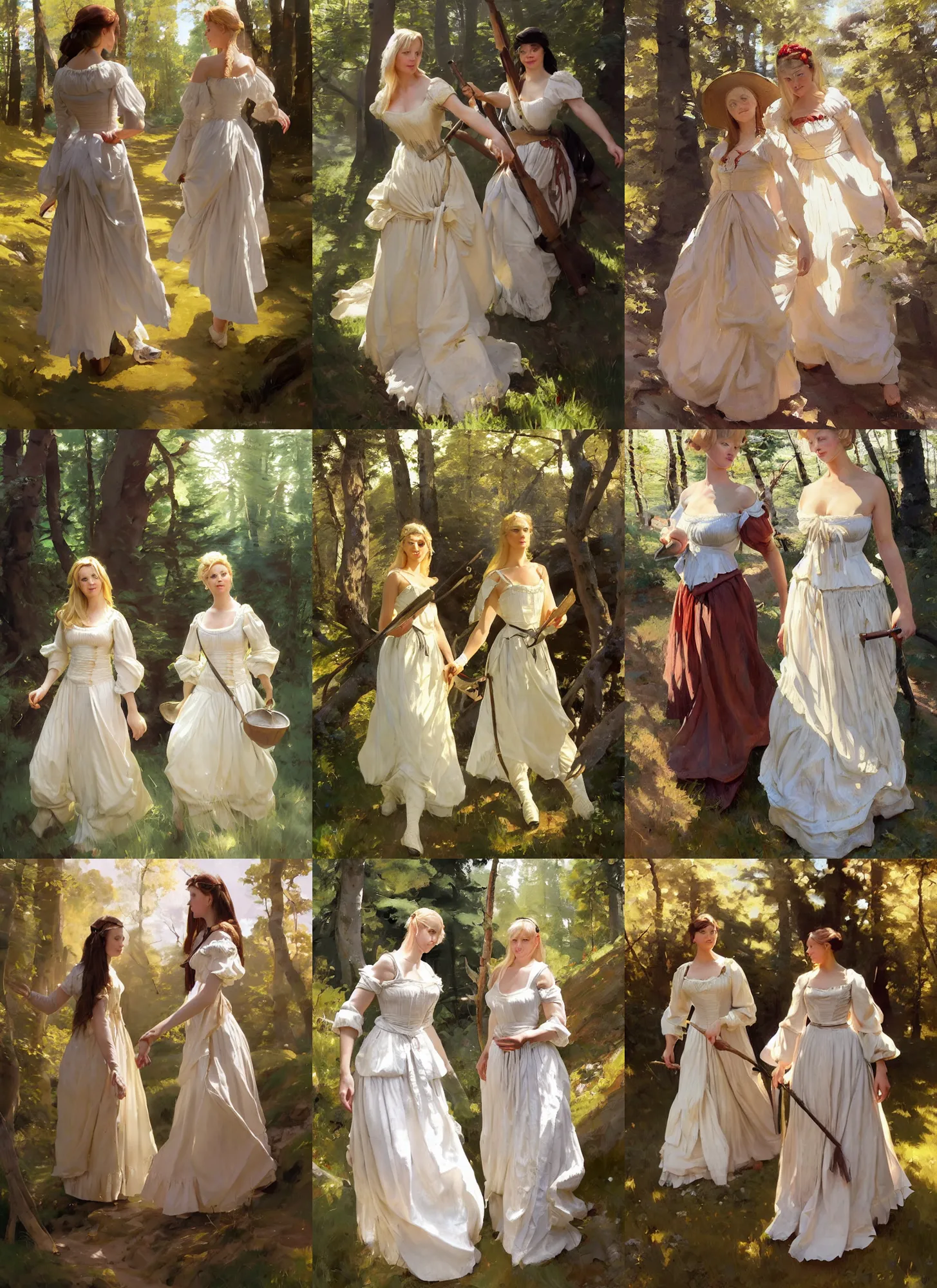 Prompt: two beautiful finnish norwegian swedish attractive glamour models wearing as village maidens in 1 7 th century bodice with low neckline walking in the woods in a sunny day, jodhpurs greg manchess painting by sargent and leyendecker, studio ghibli fantasy medium shot asymmetrical intricate elegant matte painting illustration hearthstone, by greg rutkowski by greg tocchini by james gilleard