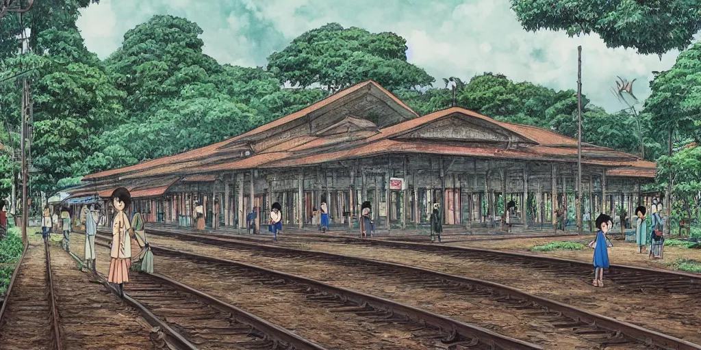 Image similar to sri lankan train station, drawn by hayao miyazaki