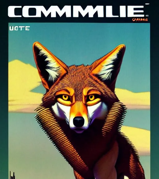 Prompt: humanoid coyote, 1 9 7 9 omni magazine cover, style by vincent di fate, artgerm, very coherent, detailed, 4 k resolution, dark, unreal engine, daz