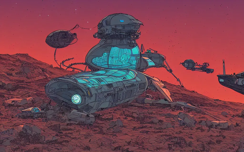 Prompt: very detailed, prophet graphic novel, ilya kuvshinov, mcbess, rutkowski, simon roy, firefly, illustration of a massive crashed space ship on a desert planet, wide shot, colorful, deep shadows, astrophotography