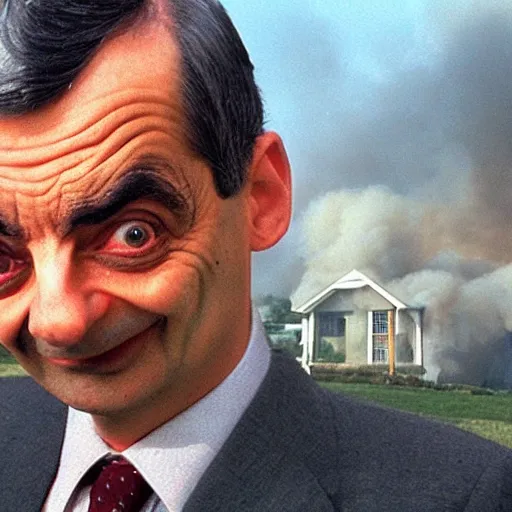 Prompt: a photo of a house burning down in the background and mr. bean with an eerie expression in the foreground, strong depth of field