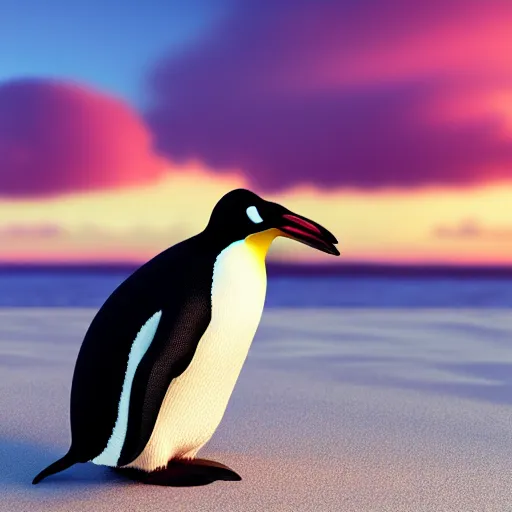 Image similar to realistic penguin at the beach during sunset. high details. 3 d render, octane render, wallpaper