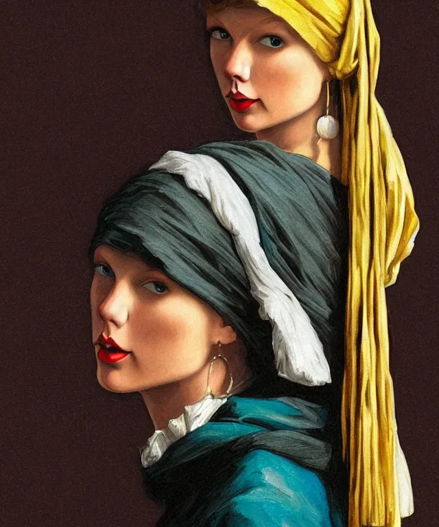 Image similar to Taylor Swift as the girl with the pearl earring, highly detailed, digital painting, artstation, concept art, smooth, sharp focus, illustration, ArtStation, art by artgerm and greg rutkowski and alphonse mucha and J. C. Leyendecker and Edmund Blair Leighton and Katsuhiro Otomo and Geof Darrow and Phil hale and Ashley wood and Ilya repin and Charlie Bowater