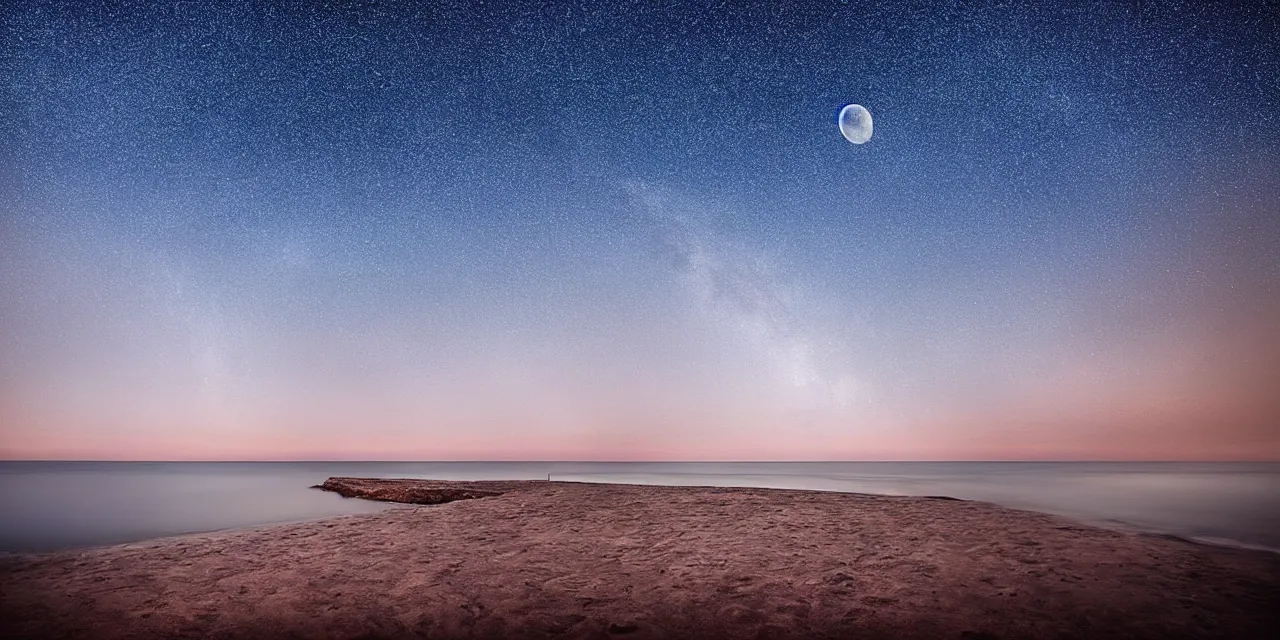 Image similar to a beautiful painting of ultra wide angle blue ocean, dream moon, starry sky, milky way, beach, harbor, castle, dream, by mikko lagerstedt