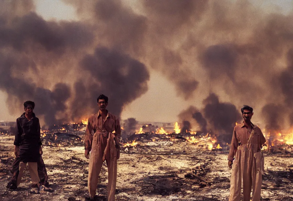 Image similar to portrait photograph fashion in Kuwait oil fields fire burning. 1991.