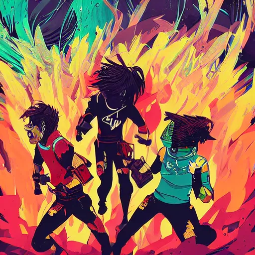 Prompt: the three battle boys are victorious champions after a hard fought battle, digital art, fantasy, explosion of color, highly detailed, in the style of jake parker, in the style of conrad roset, swirly vibrant colors, sharp focus