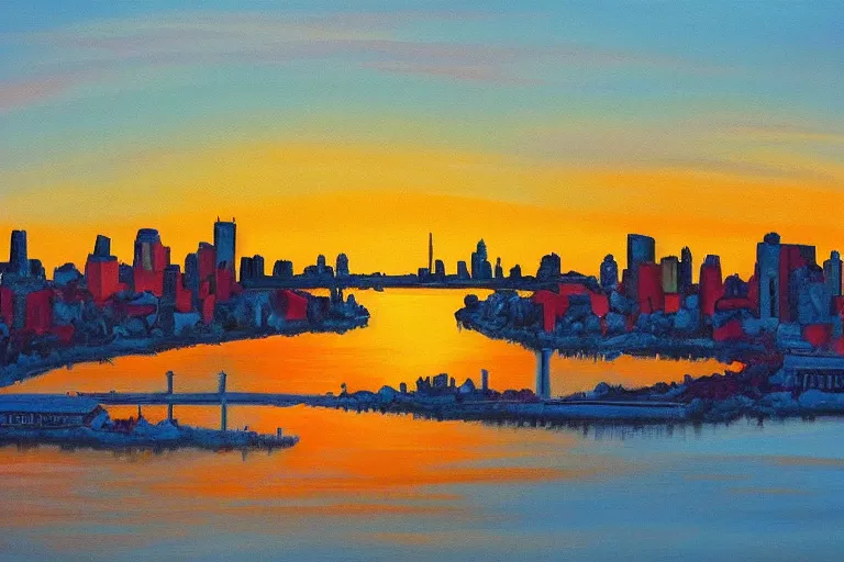 Prompt: winnipeg skyline, sunset, painting by ay jackson, group of seven, 4 k