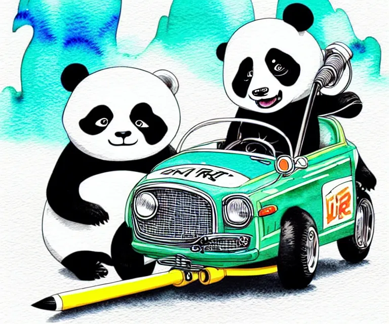 Image similar to cute and funny, panda bear wearing a helmet riding in a tiny hot rod with oversized engine, ratfink style by ed roth, centered award winning watercolor pen illustration, isometric illustration by chihiro iwasaki, edited by range murata, centered and focused