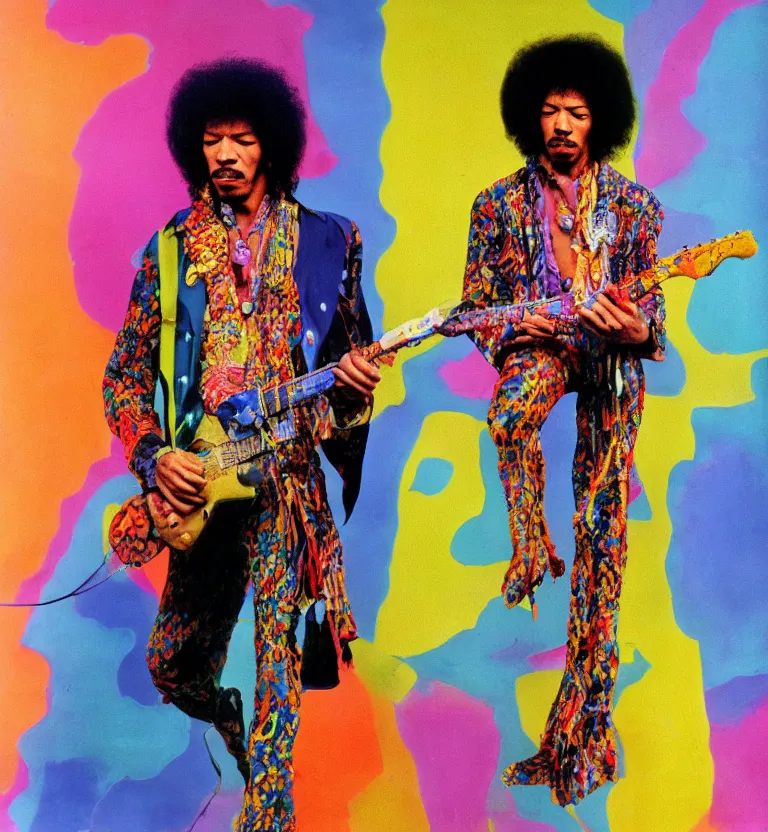 Image similar to colour portrait photography of jimi hendrix full body shot by annie leibovitz, colourful biomorphic opart temple, 8 k