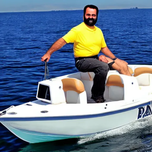 Image similar to billy mays, on a small boat