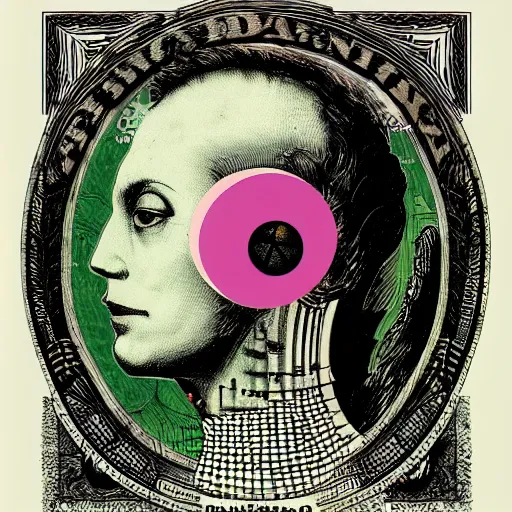 Image similar to post - punk new age album cover, asymmetrical design, frame of a dollar bank notes, capitalism, magic, apocalypse, psychedelic, black white pink, magic, giger h. r., giuseppe arcimboldo