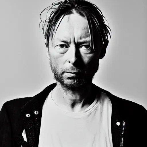 Prompt: Thom Yorke, Thom Yorke, with a beard and a black jacket, a portrait by John E. Berninger, dribble, neo-expressionism, uhd image, studio portrait, 1990s