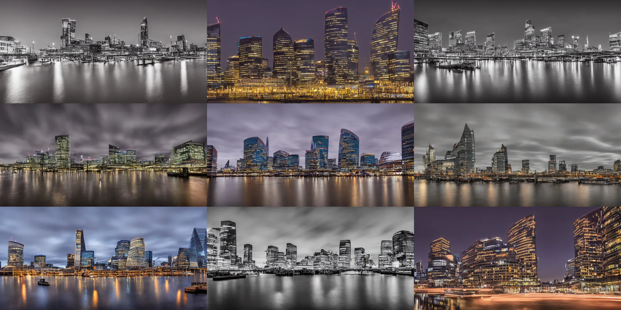Prompt: high quality night photograph of Docklands in London, dimly lit cirrus clouds, long exposure, architecture photography, ultrawide image