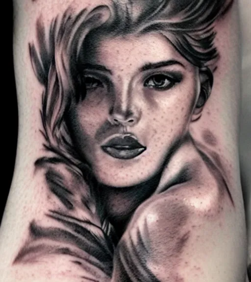 Image similar to tattoo design sketch of a beautiful girl portrait faded in a mountain background, in the style of den yakovlev, black and white, realism tattoo, hyper realistic, highly detailed